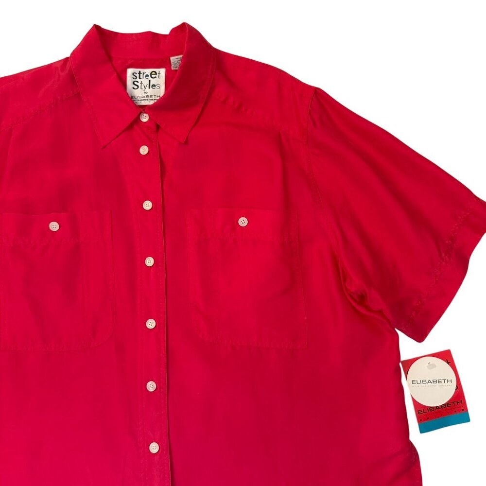 Y2K Blouse Size 14P Elisabeth Street Styles Red Silk Button Down Short Sleeve To